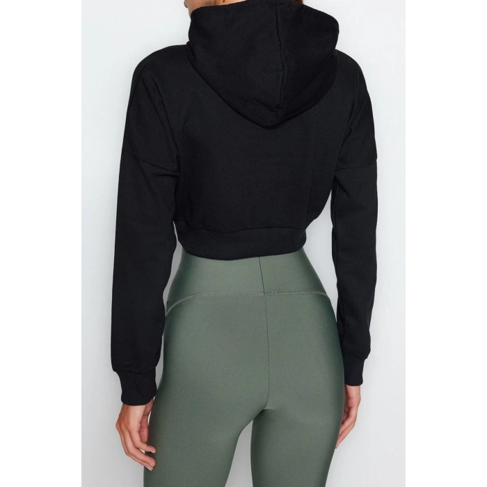 Tarz Regular Kapüşonlu Düşük Kol Crop Pamuklu Crop İçi Polarlı Örme Spor Sweatshirt