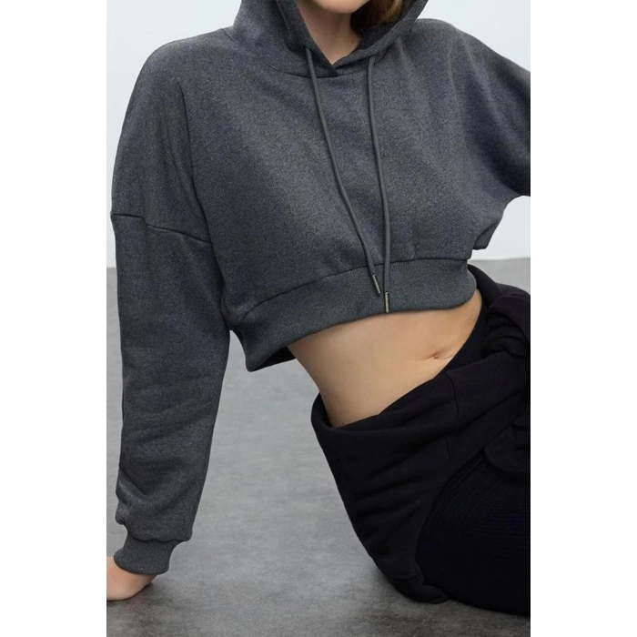 Tarz Regular Kapüşonlu Düşük Kol Crop Pamuklu Crop İçi Polarlı Örme Spor Sweatshirt