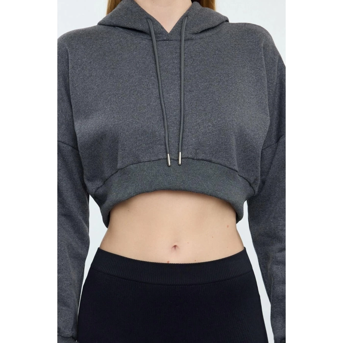 Tarz Regular Kapüşonlu Düşük Kol Crop Pamuklu Crop İçi Polarlı Örme Spor Sweatshirt
