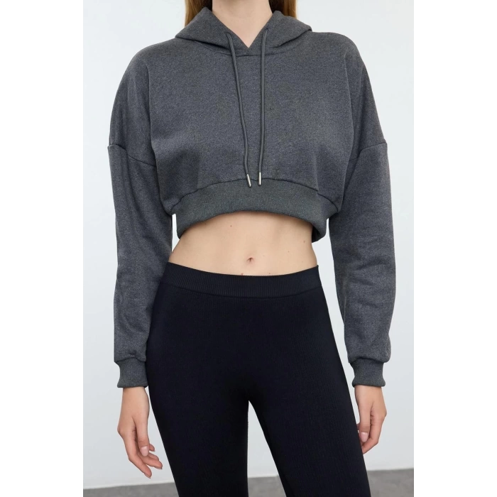 Tarz Regular Kapüşonlu Düşük Kol Crop Pamuklu Crop İçi Polarlı Örme Spor Sweatshirt