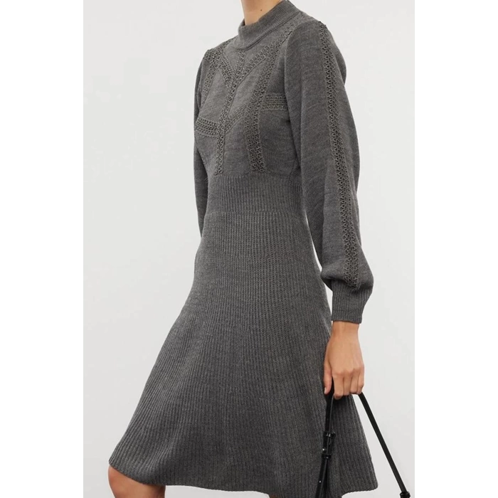 Fashion Style Regular Stand Collar Mini Length Knitted Lace Dress