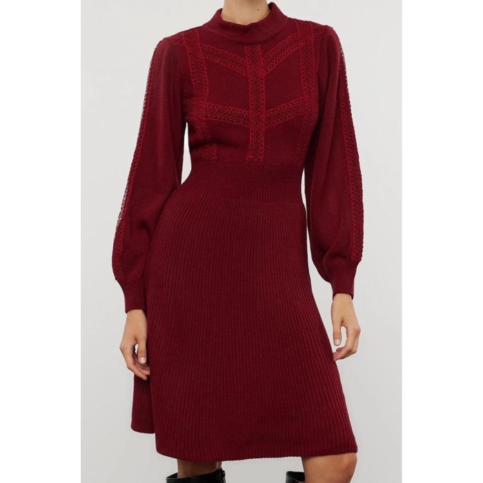 Fashion Style Regular Stand Collar Mini Length Knitted Lace Dress