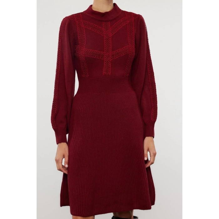 Fashion Style Regular Stand Collar Mini Length Knitted Lace Dress