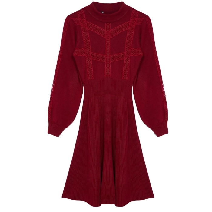 Fashion Style Regular Stand Collar Mini Length Knitted Lace Dress