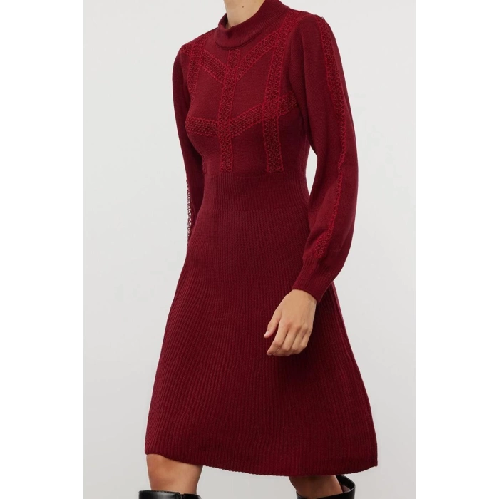 Fashion Style Regular Stand Collar Mini Length Knitted Lace Dress