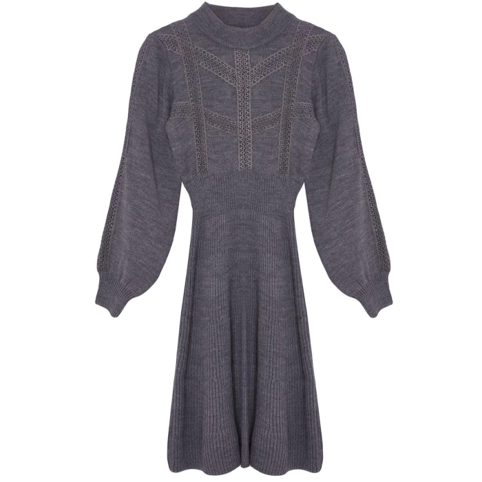 Fashion Style Regular Stand Collar Mini Length Knitted Lace Dress