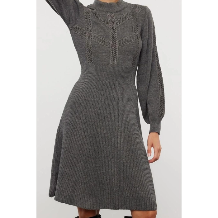 Fashion Style Regular Stand Collar Mini Length Knitted Lace Dress