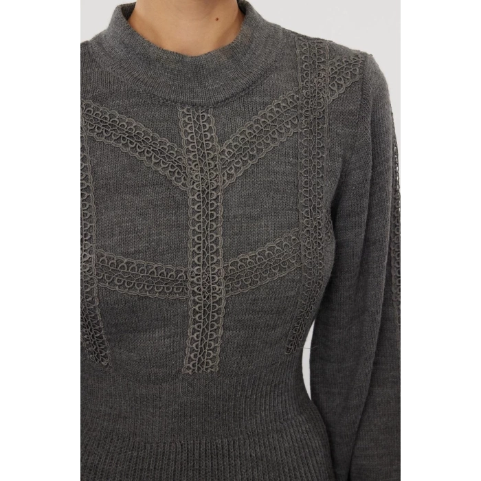 Fashion Style Regular Stand Collar Mini Length Knitted Lace Dress