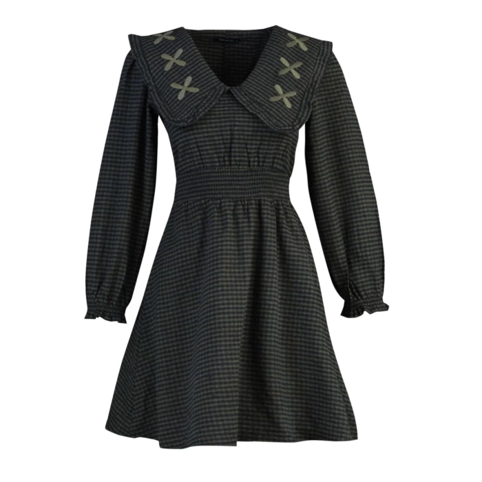 Fashion Style Regular V Neck Mini Length Collar Detailed Woven Dress