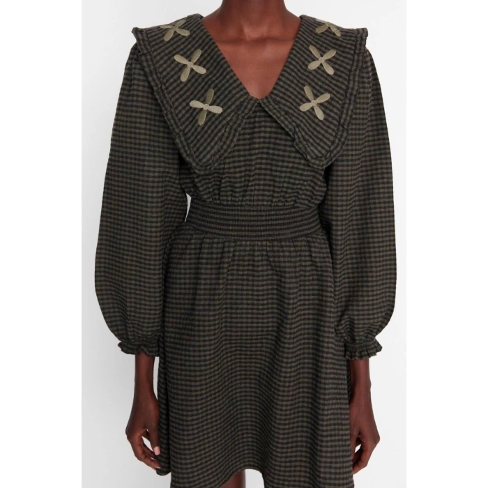 Fashion Style Regular V Neck Mini Length Collar Detailed Woven Dress
