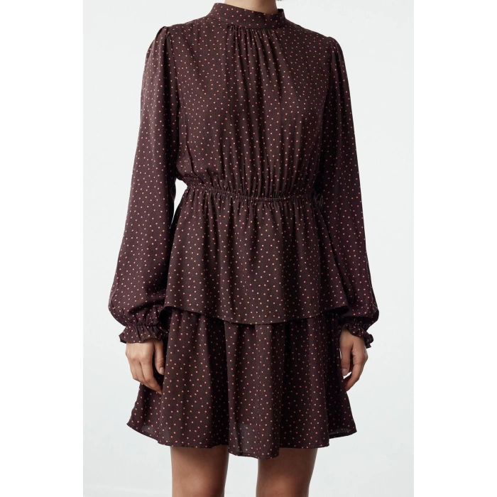 Fashion Style Regular Crew Neck Mini Length Polka Dot Waist Open Flounce Woven Dress