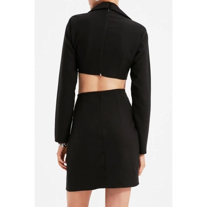 Moda Stil Fitted Ceket Yaka Mini Boy Dokuma Cut-Out Detaylı Ceket Elbise