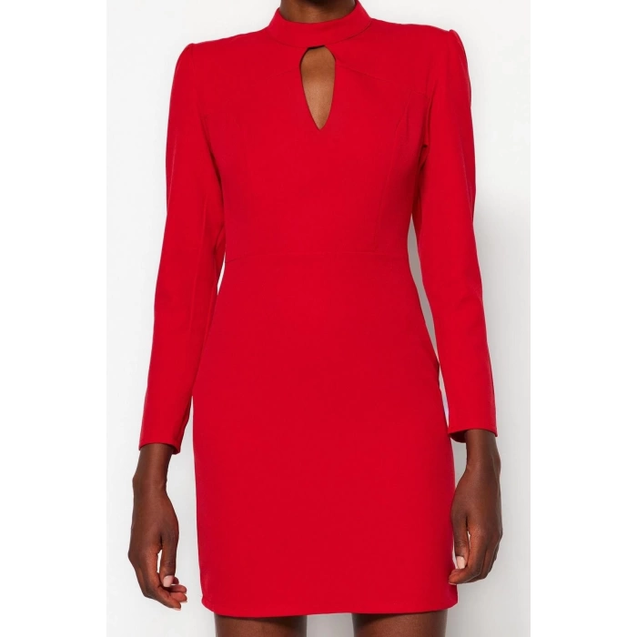 Fashion Style Regular Stand Collar Mini Length Woven Collar Detailed Woven Dress