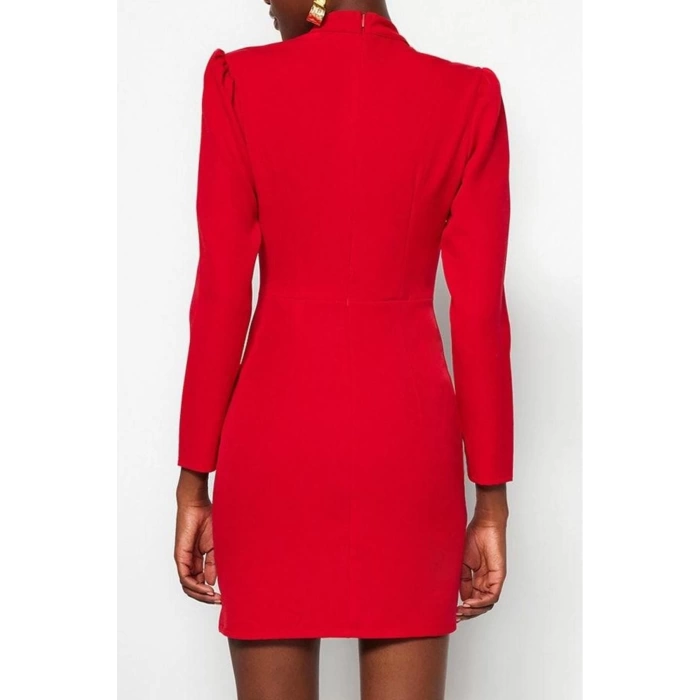 Fashion Style Regular Stand Collar Mini Length Woven Collar Detailed Woven Dress