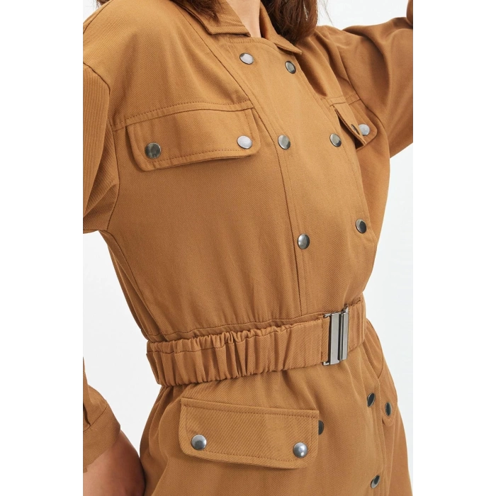 Moda Stil Regular Ceket Yaka Mini Boy Kemerli Dokuma Elbise