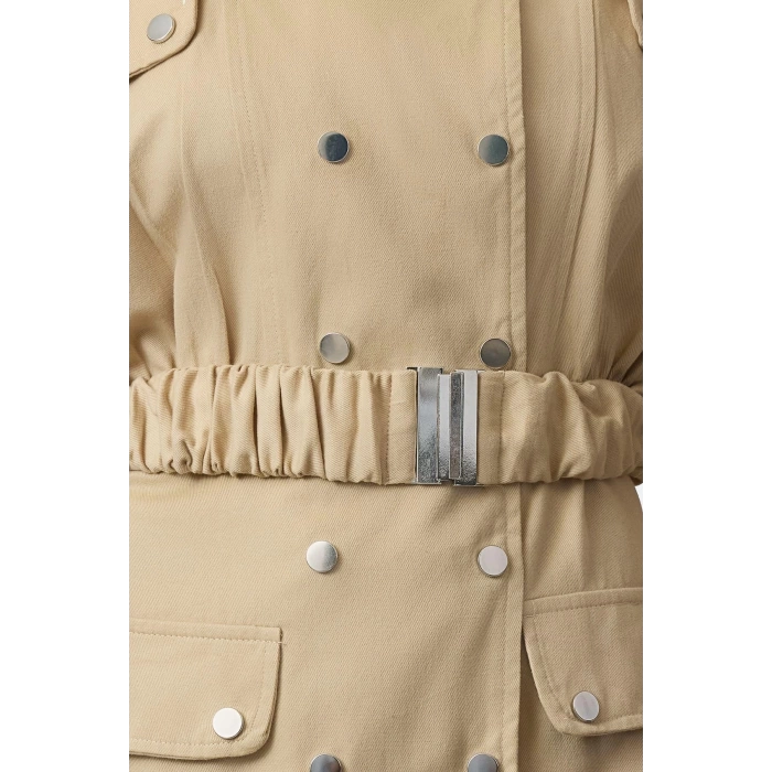 Moda Stil Regular Ceket Yaka Mini Boy Kemerli Dokuma Elbise