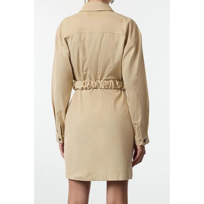 Moda Stil Regular Ceket Yaka Mini Boy Kemerli Dokuma Elbise