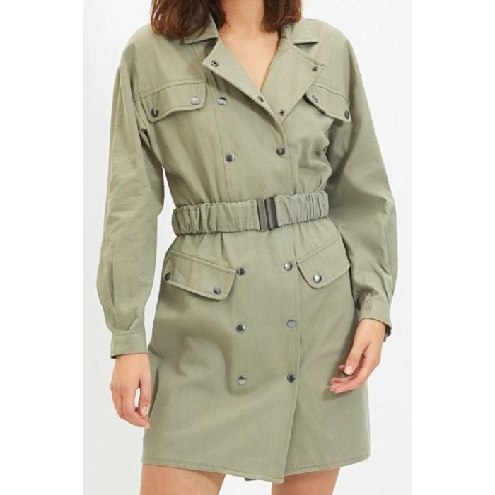 Moda Stil Regular Ceket Yaka Mini Boy Kemerli Dokuma Elbise
