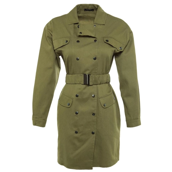 Moda Stil Regular Ceket Yaka Mini Boy Kemerli Dokuma Elbise