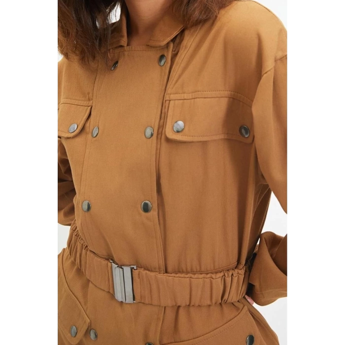 Moda Stil Regular Ceket Yaka Mini Boy Kemerli Dokuma Elbise
