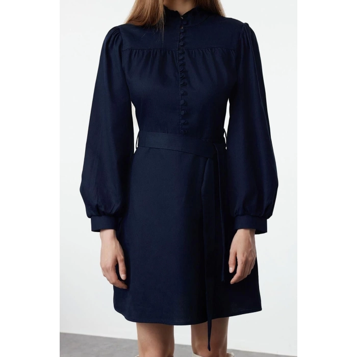 Moda Stil Regular Dik Yaka Mini Boy Dokuma Elbise