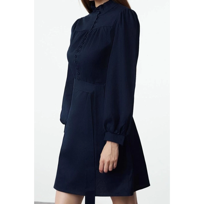Moda Stil Regular Dik Yaka Mini Boy Dokuma Elbise