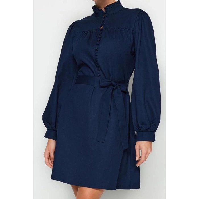 Moda Stil Regular Dik Yaka Mini Boy Dokuma Elbise