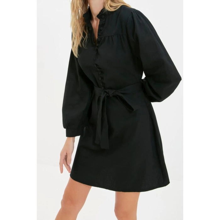 Moda Stil Regular Dik Yaka Mini Boy Dokuma Elbise