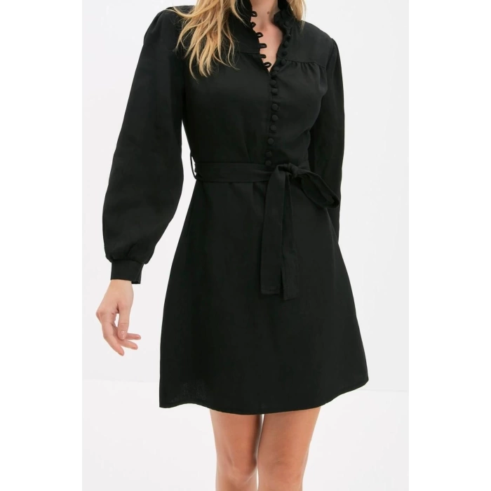 Moda Stil Regular Dik Yaka Mini Boy Dokuma Elbise