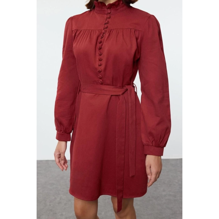 Moda Stil Regular Dik Yaka Mini Boy Dokuma Elbise