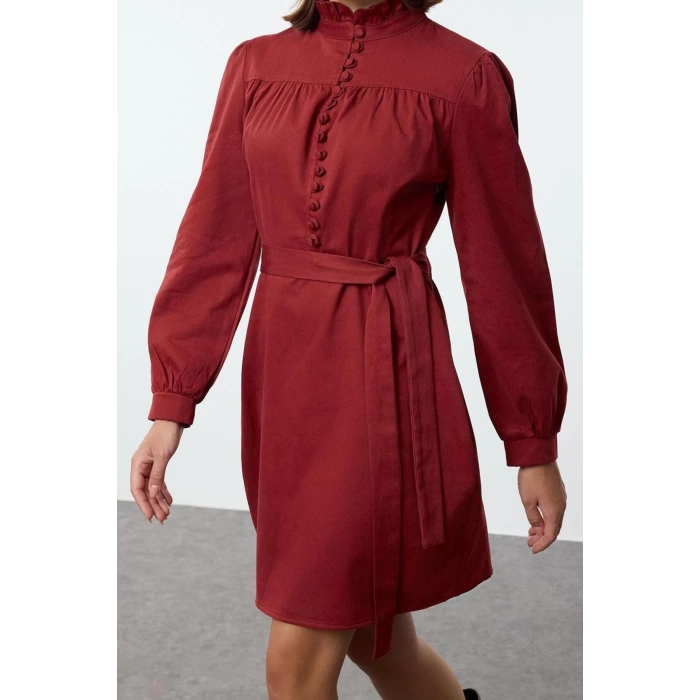 Moda Stil Regular Dik Yaka Mini Boy Dokuma Elbise