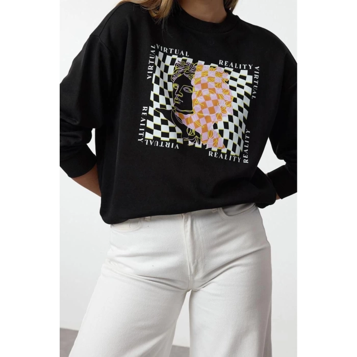 Tarz Bol Bisiklet Yaka Düşük Kol Uzun İnce Baskılı Normal Kesim Örme Sweatshirt