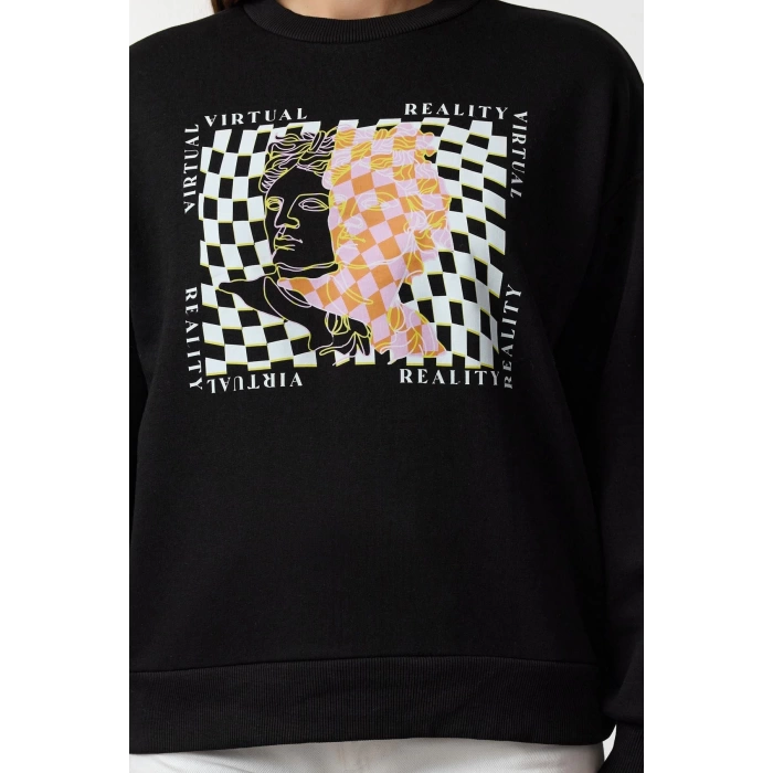 Tarz Bol Bisiklet Yaka Düşük Kol Uzun İnce Baskılı Normal Kesim Örme Sweatshirt