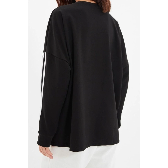 Style Oversize Crew Neck Low Sleeve Long Stripe Detailed Wide Pattern Thin Knitted Sweatshirt