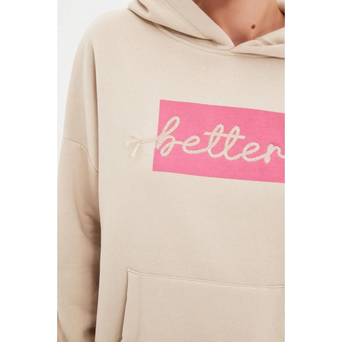 Style Loose Hooded Low Sleeve Long Thick Fleece Inside Embroidered Wide Pattern Pocket Knitted Sweatshirt