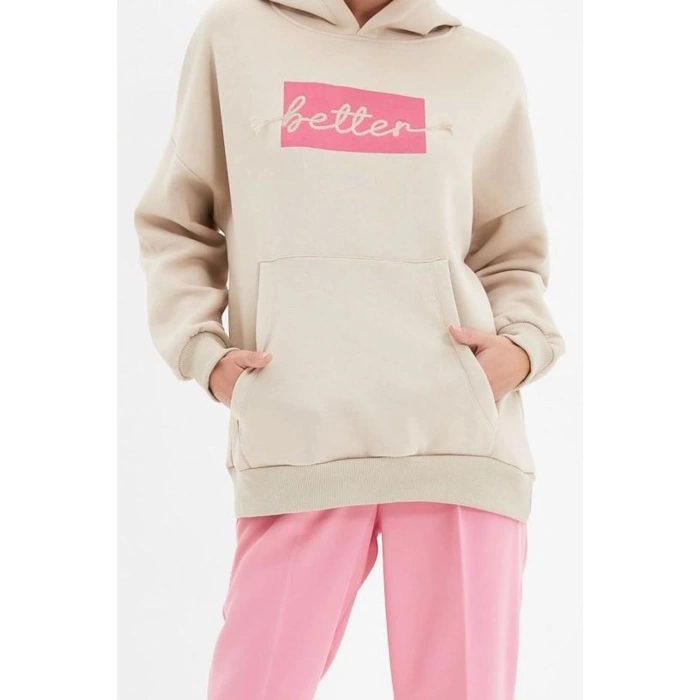 Style Loose Hooded Low Sleeve Long Thick Fleece Inside Embroidered Wide Pattern Pocket Knitted Sweatshirt