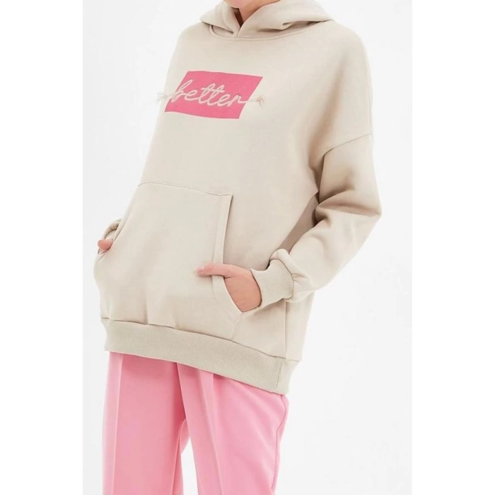 Style Loose Hooded Low Sleeve Long Thick Fleece Inside Embroidered Wide Pattern Pocket Knitted Sweatshirt