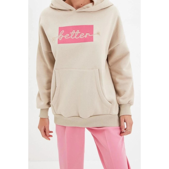Style Loose Hooded Low Sleeve Long Thick Fleece Inside Embroidered Wide Pattern Pocket Knitted Sweatshirt