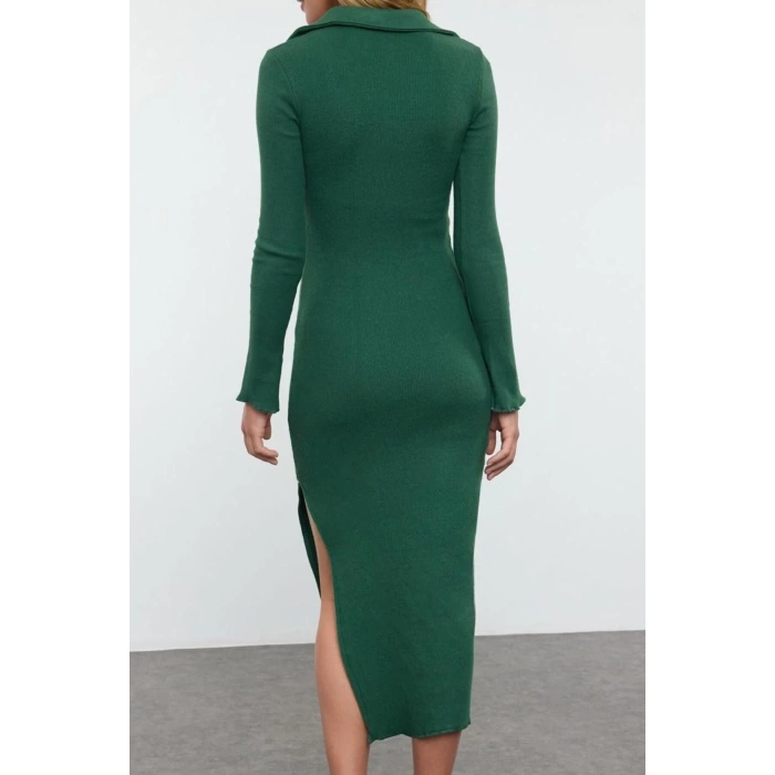 Fashion Style Slim Polo Collar Midi Length Fake Knitwear Body-Fitting Elastic Knitted Pencil Dress