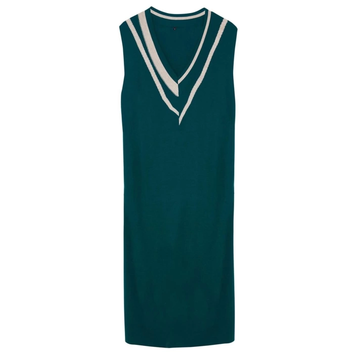 Fashion Style Regular V Neck Midi Length Knitwear Color Block Dress