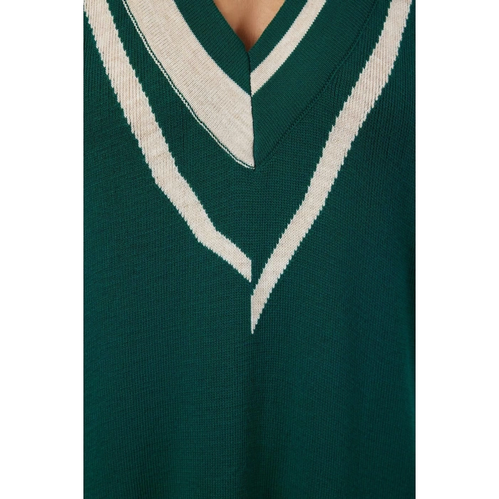 Fashion Style Regular V Neck Midi Length Knitwear Color Block Dress