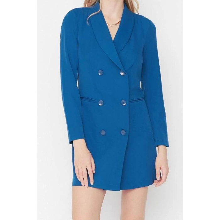 Fashion Style Regular Jacket Collar Mini Length Button Detailed Woven Jacket Dress