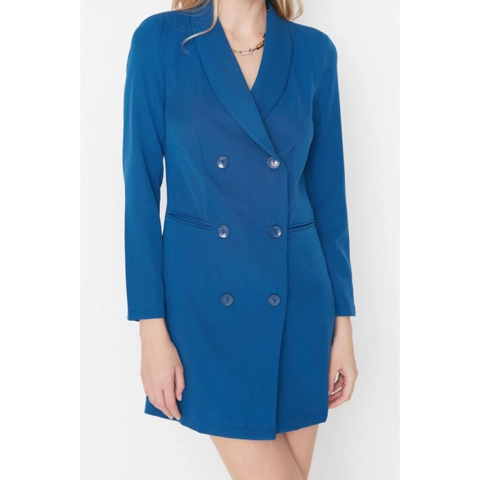 Fashion Style Regular Jacket Collar Mini Length Button Detailed Woven Jacket Dress