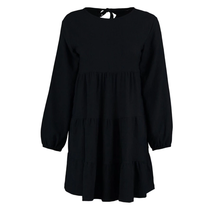 Fashion Style Relaxed Crew Neck Mini Length Flounce Skater Waist Open Crepe Textured Knit Dress