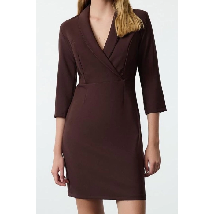 Fashion Style Fitted Jacket Collar Mini Length V Neck Woven Dress