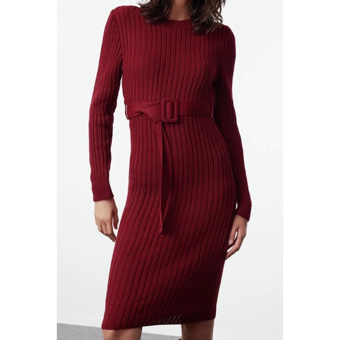 Fashion Style Regular Boat Neck Midi Length Knitted Belted Dress