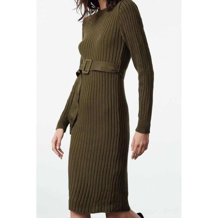 Fashion Style Regular Boat Neck Midi Length Knitted Belted Dress
