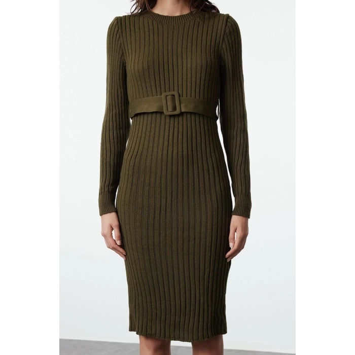 Fashion Style Regular Boat Neck Midi Length Knitted Belted Dress