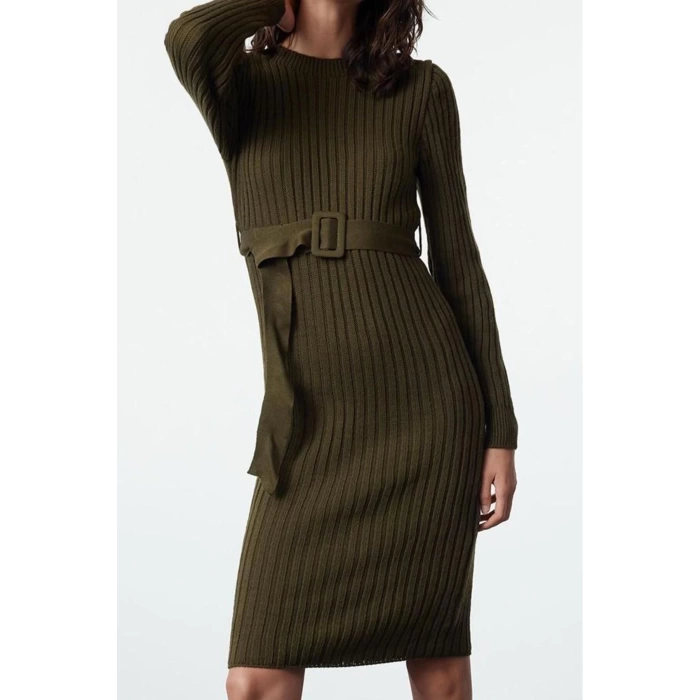 Fashion Style Regular Boat Neck Midi Length Knitted Belted Dress