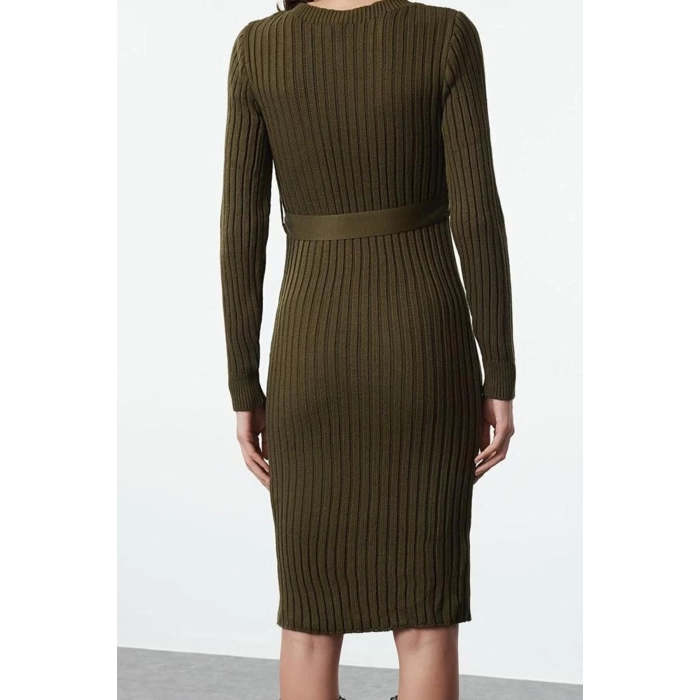 Fashion Style Regular Boat Neck Midi Length Knitted Belted Dress